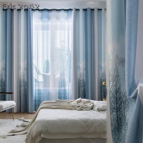 Nordic Simple Cotton and Linen Tree Printing Curtains Shading Custom Curtains for Living Dining Room Bedroom