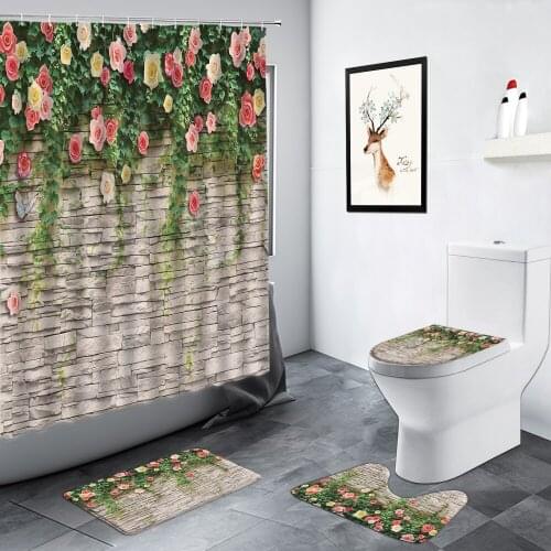 Retro Brick Wall Flowers Shower Curtain Green Plant Floral Creative Bathroom Decor Carpet Non-slip Door Mat Toilet Bath Mats Set