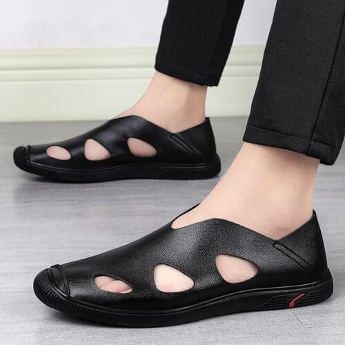 FIXSYS Leather Casual Shoes Outdoor Mens Beach Sandals Summer Breathable Slip-on Slides Leisure Loafers Handmade Walking Shoes