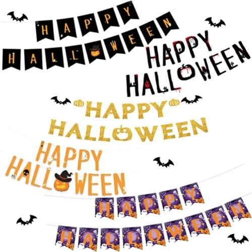 Happy Halloween Letter Fish Tail Pumpkin Skull Ghost Decoration Pull Flag Halloween Family Party Decoration