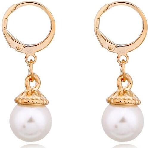Dayoff European Gold Color Simulated Pearl Hoop Earrrings Female Round Earstud Women Jewelry Charms Small Pendant Earrings E97