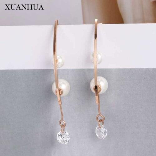 XUANHUA Rose Gold Pearl Earrings For Women Stainless Steel Jewelry Woman Long Earings Fashion Jewelry Accessories Charms