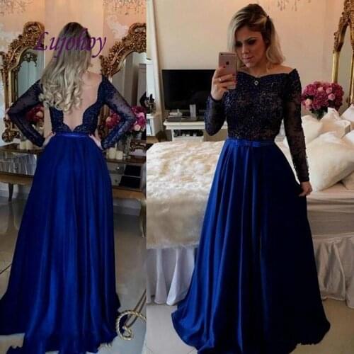 Royal Blue Long Sleeve Lace Evening Dresses Party Plus Size Women Ladies Sexy Prom Formal Evening Gowns Dresses