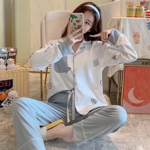 2021 Spring Autumn Long Sleeve Cotton Pajama Set for Women Korean Sleepwear Suit Pyjama Homewear Loungewear Pijama Mujer Clothes