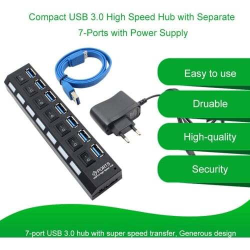 USB 3.0 High Speed Hub Multi USB Splitter Power Adapter 7 Port Multiple Expander with Power Supply Switch for PC Mac US EU Plug