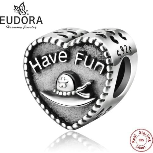 EUDORA 925 Sterling Silver Charms Fun Travel Hat Pattern Heart Charms Fits Beads Bracelet & Bangles DIY Jewelry for Women CYZ041