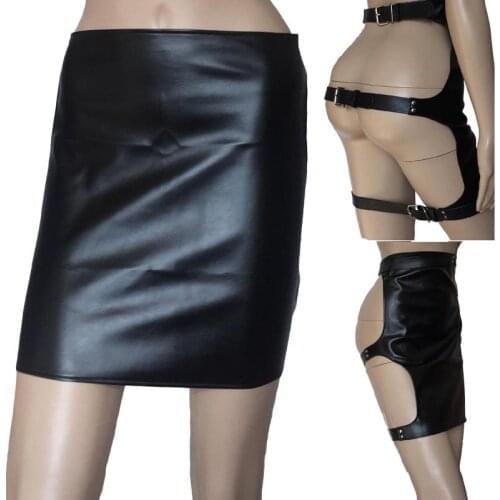 Adult Women Black Soft PU Leather Spanking Skirt Open Butt Backless Body Restraint Bondage Gear Fetish Costume