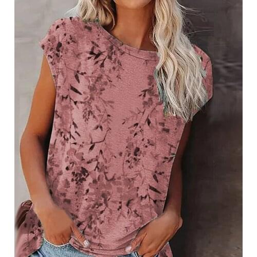 Wholesale Women T-Shirts Summer Flower Print O-Neck Short Sleeve Tee Shirts Casual Loose Oversize Solid T-Shirt Top Pullover