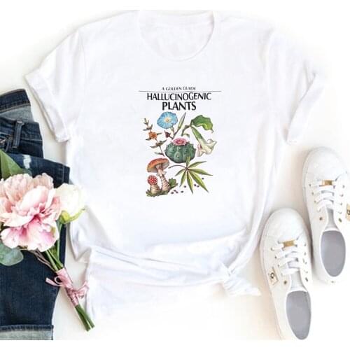 Mushroom and Morning Glory Graphics Plant TShirts Women O-neck Harajuku Tee Shirt Femme Vintage Aesthetic Fcasual Camiseta Mujer