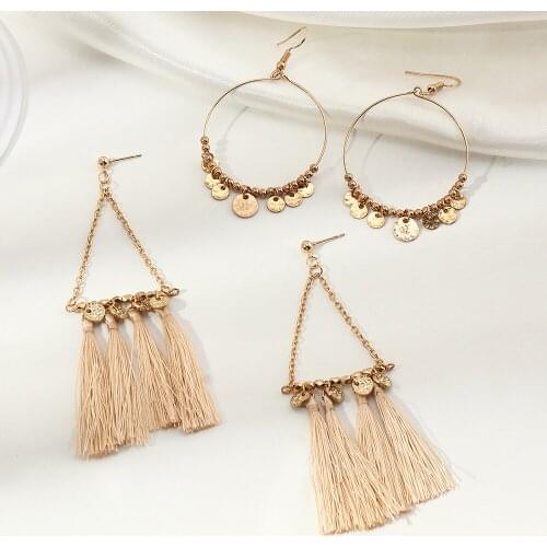 New Arrival Metal Geometric Earrings Womens Bohemia Fan Fringe Alloy Wafer Long Golden Eardrop Earrings Jewelry for Girls