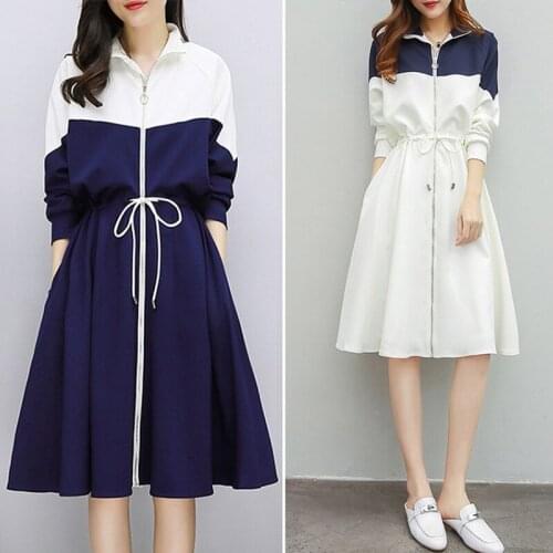 2019 Spring Autumn Fashion Women Bust Zippers Dress Solid Pleated o-neck Ladies Dresses Evening Party Loose large size DJ049