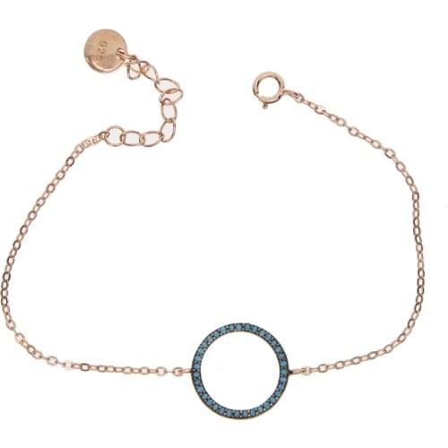 Micro pave blue turquoises stone round circle rose gold color 925 sterling silver metal simple geometric bracelet