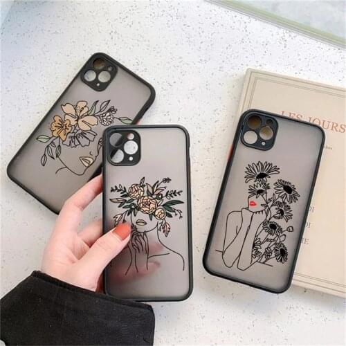 Abstract Line Art Sketch Flower Girl Case For iPhone 11 12 Pro XS Max X XR 7 8 Plus SE 2020 Translucent Matte Shockproof Cover