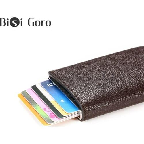 BISO GORO Soft Litchi Leather RFID Pop-Up Card Holder Aluminum Box ID Card Case Security Information Protector Slim Wallets Mini