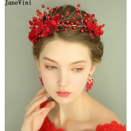 JaneVini Handmade Wedding Crowns Headband with Earrings Princess Party Headdress Romantic Red Bridal Jewelry Hair Accessories