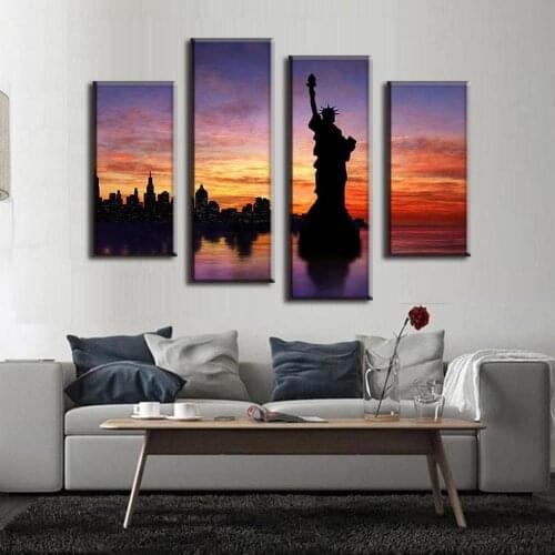 2017 Real Promotion Irregular Cuadros 4 Pcs/set Canvas Wall Art Landscape Painting The Statue Of Liberty In Dusk Prints Modern