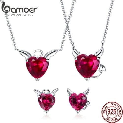 BAMOER Authentic 925 Sterling Silver Red CZ Evil And Angel Pendant Necklace Earrings Jewelry Set Sterling Silver Jewelry ZH067