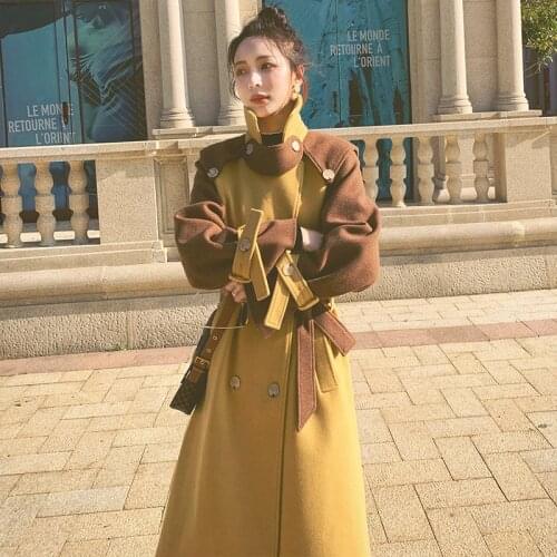 Woolen Women Jacket 2021 Winter New Contrast Stitching Wool Drape Korean Style Long Lapel Sense of Luxury Design Sense Coat