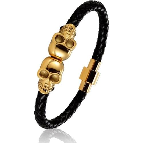 New Men Woman Punk Bracelet Braided Leather Rope Chain Titanium Steel Magnet Buckle Skull Bracelet Male Lady Skeleton Jewelry
