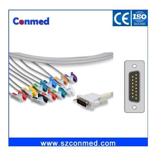 Compatibe New 15pin Schiller EKG cable with 10 leadwire IEC/AHA Clip leadwires plug, 3.5M with CE approved Schiller AT1, AT2