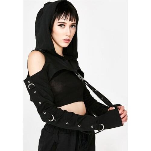 New Women T-Shirt Sexy Hollow Out Pullover with Decorative Strap Black Solid Long Sleeve Hooded Crop Tops Autumn Women Clothing