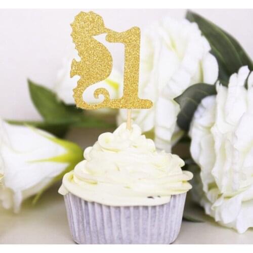 Personalised Seahorse glitter Cupcake Toppers / customised gold first year birthday decor/1 year birthday Cupcake Toppers