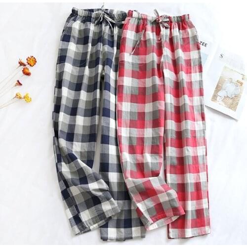 Couple pajama pants, thin cotton gauze, spring, summer and autumn, Japanese checkered cotton home trousers, loose men and women