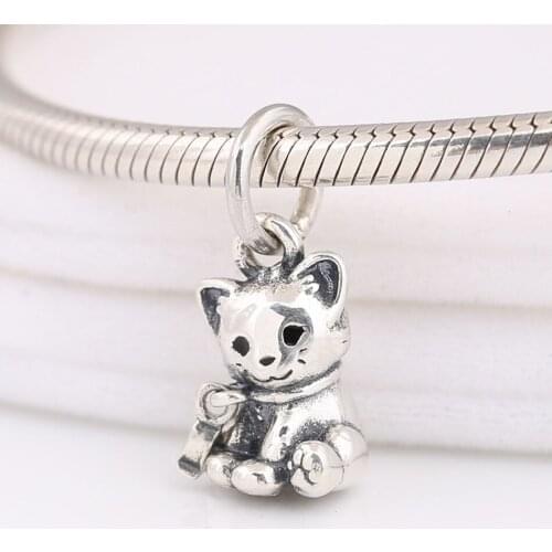 Authentic S925 Silver Enamel Sweet Cat Animal Pendant Hanging Bead Charm for Women Bracelet Bangle DIY Jewelry