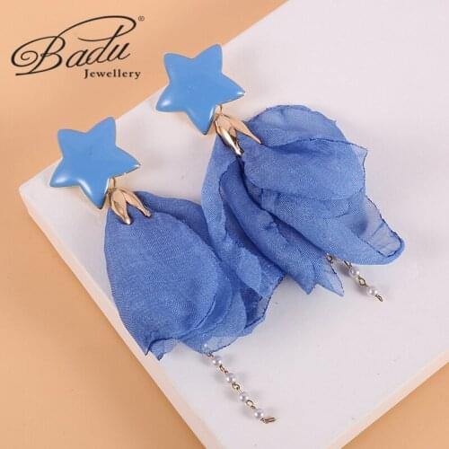 Badu Pentagram Flower Tassel Earrings 2020 Fashion Fabric Flower Drop Earrings for Women Colorful Petal Cute Fancy Ear Jewelry