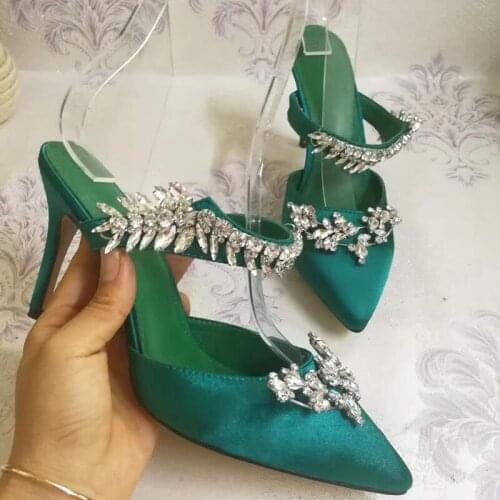 Sexy Slingbacks Rhinestone Sandals Pointed Toe Crystal Straps High Heels Shoes Woman Mules Satin Slippers Ladies Party Shoes