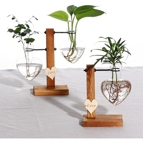Love Heart Design Glass Test Tube Vase Flower Pots Plant Aquatic Plants Hydroponic Bonsai Pot With Wooden Tray For Home Tabletop