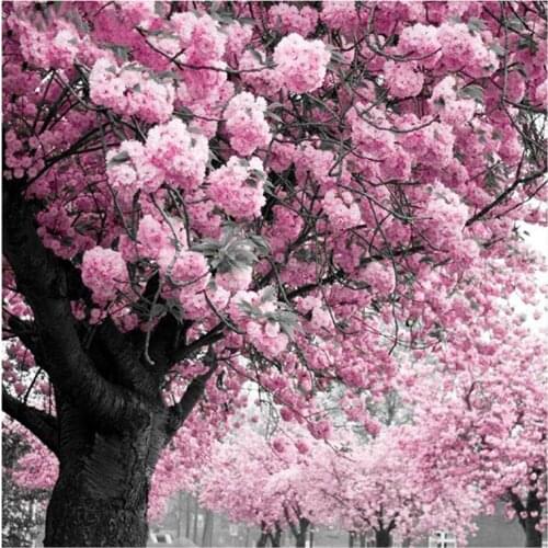Yumeart Diamond Painting Pink Flower Scenery Diamond Embroidery Tree Pictures of Rhinestones Diamond Mosaic Decoration of Home