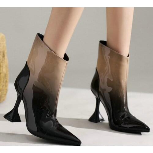 Patent PU Leather Women Ankle Boots Strange Style Pointed Toe Women Short Boots Mixed Color Slip on Womens Boots Plus Size 43