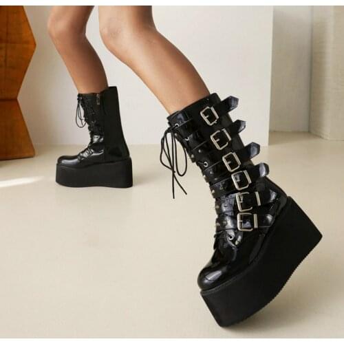 Ladies Rivet Motorcycle Boots Spring Autumn Belt Buckle Metal Decoration Mid Calf Boots Female Winter Warm Platform Women Shoes