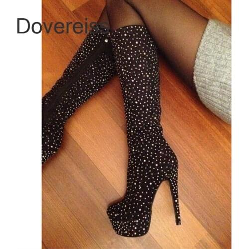 Dovereiss Winter New Fashion Sexy Pointed toe Suede Clear Heels Boots Stilettos Heels Knee High Boots Crystal Rhinestone 42 43