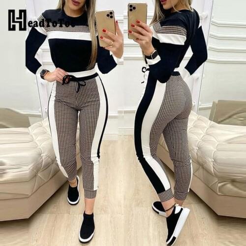 Colorblock Plaid Long Sleeve Top & Drawstring Pants Set Casual Women Two Piece Set