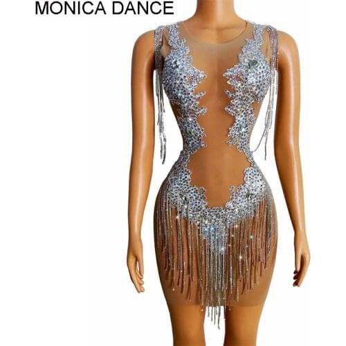 Women Sexy Sparkly Silver Rhinestones Chain Dress Transparent Birthday Prom Celebrate Birthday Dress Bar Evening Singer Dress