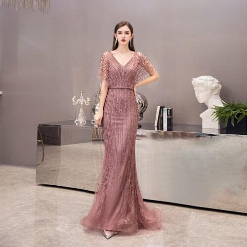 Luxury Fashion Heavy Beading Short Sleeves Mermaid Evening Dresses Sexy V Neck Women Formal Party Gowns vestidos de noche 2021