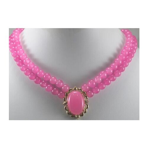 2rows pink Natural 8mm jade bead necklace with 13*16mm pendant necklace