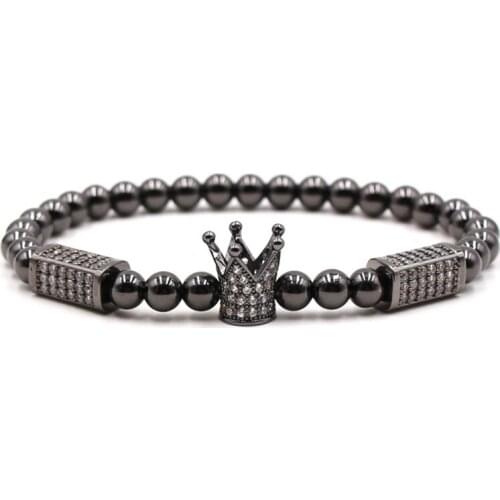 2020 Cool 6mm 4 color Hematite stone bead Bracelets Pave CZ Crown bracelet for Men&Women charm Handmade fashion Jewelry Bijoux