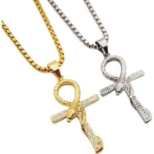ANKH cross pendant necklace Bling Bling rhinestones snake Ankh cross necklace men performance jewelry fashion necklace