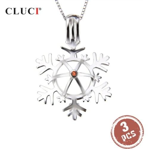 CLUCI 3pcs 925 Sterling Silver Women Snowflake Pendant Christmas Love Gift Silver 925 Red Zircon Jewelry for Women SC215SB
