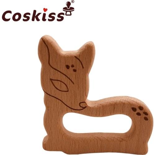 Coskiss Baby Wooden Teether Beech Wood Cartoon Sika Deer Teething Toys Montessori Inspired Nursing Pendant Baby Teether