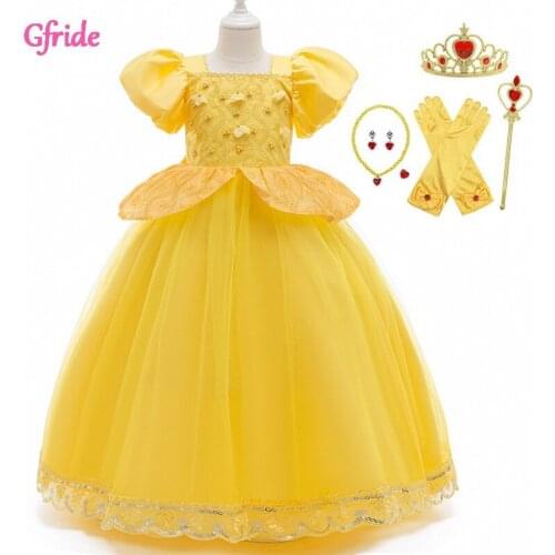 Girls Belle Costume For Kids Christmas Cosplay Princess Long Dress Puff Short Sleeve Dance Clothing With Grown Gloves Wands