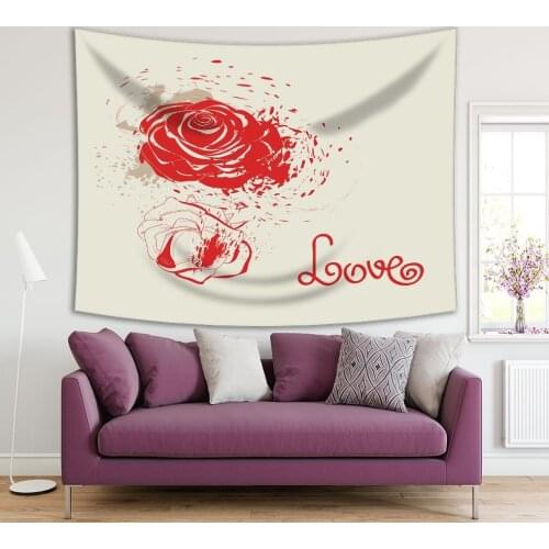 Tapestry Letter Love and Red Roses Romance Theme Flourish Ornamental Decorating Artwork Printed