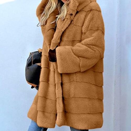 Hooded Faux Fur Coats Women Autumn Winter Warm Thick Fur Jacket Female Luxury Fluffy Plush Outerwear Slim Fit Solid Overcoat