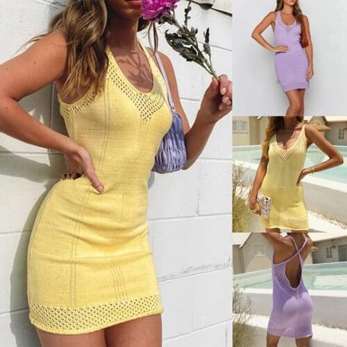 Hot kf-Womens Halter Knit Beach Skirt Holiday Seaside Blouse