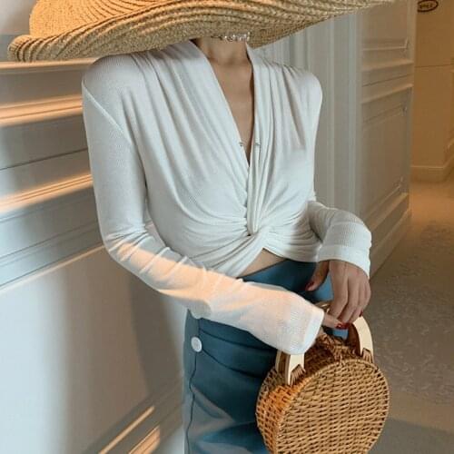 Fashion Retro Jumpers Skinny Slim Holiday Casual Spring Autumn Chic Knot Women Sweater Pullovers Deep V-Neck Knitted Crop Tops