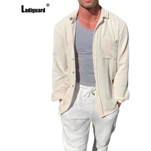 2021 Single Breasted Tops Men Fashion Blouse with Pocket Autumn Long Sleeve Basic Shirt blusas Homme Ropa Sexy Mens Clothing