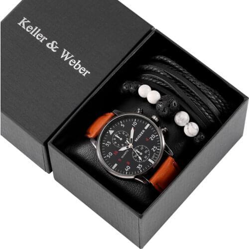 Men Watch Gift Set Red-brown Strap Digital Wrist Quartz Watches Cool Bead Braided Bracelet Top Fashion for Boyfriend Husband Dad